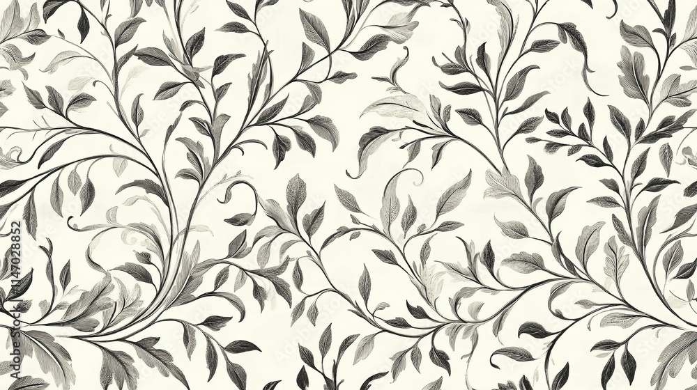 Elegant grayscale floral pattern, swirling branches, delicate leaves. Elegant grayscale floral pattern, swirling branches, delicate leaves.