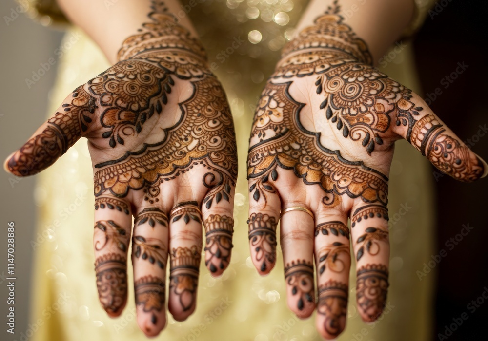 Close-up of intricate henna designs on hands, with palms facing up, showcasing beautiful and detailed body art