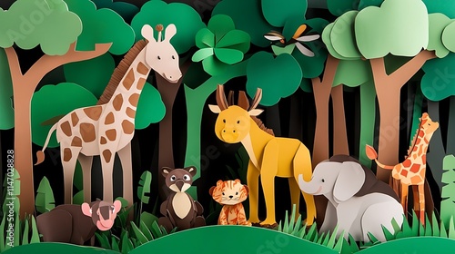 A jungle scene with paper giraffes, a zebra, an elephant, and a lion, surrounded by lush green leaves.

 photo