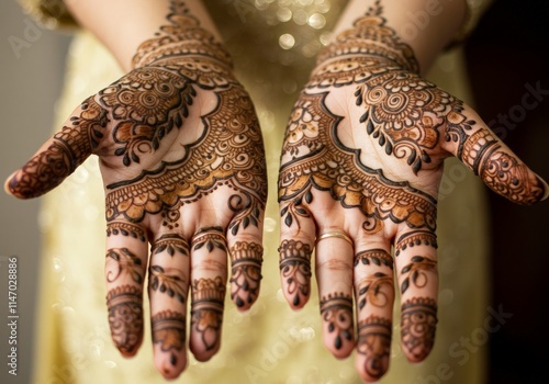 Obraz na płótnie Close-up of intricate henna designs on hands, with palms facing up, showcasing beautiful and detailed body art w salonie