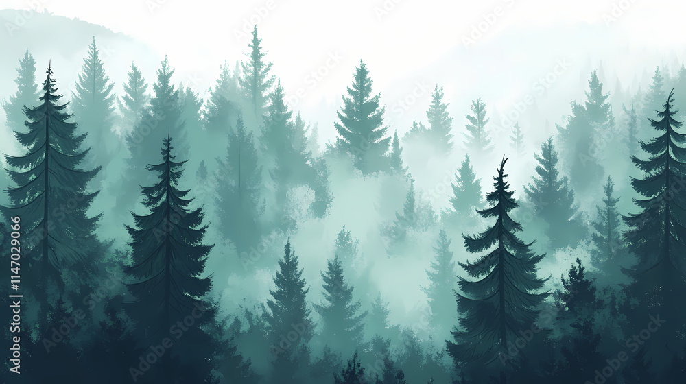 Dense forest with tall trees and a misty atmosphere, woods, trees, greenery. Misty. Illustration Dense forest with tall trees and a misty atmosphere, woods, trees, greenery. Misty. Illustration