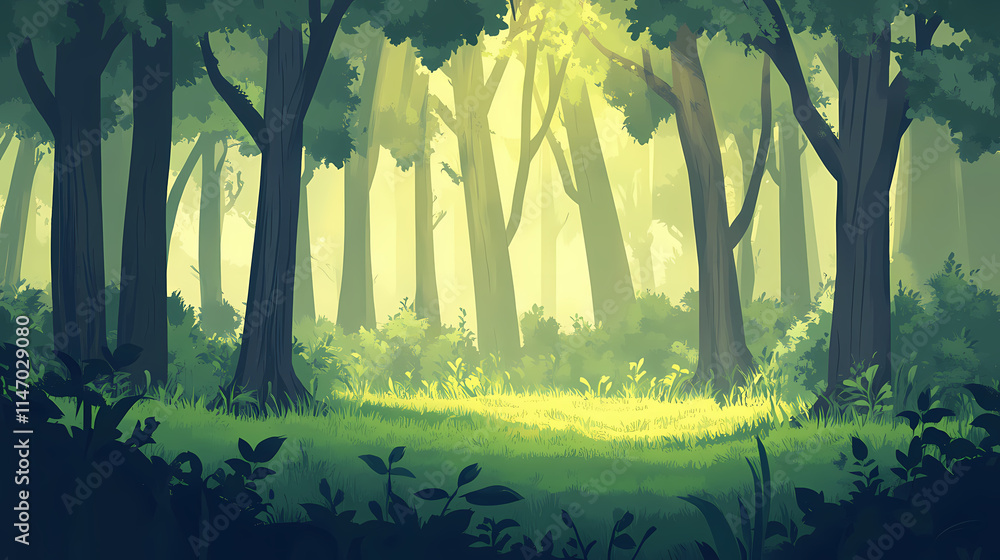 Fototapeta premium Dense forest with tall trees and a misty atmosphere, woods, trees, greenery. Misty. Illustration