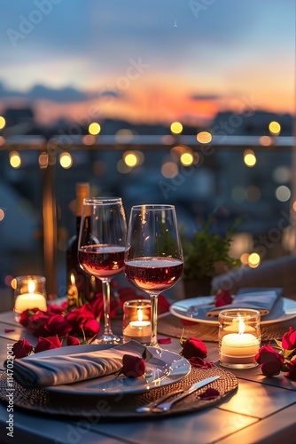 Romantic dinner setup including wine glasses and candles on a rooftop terrace for Valentine's Day.