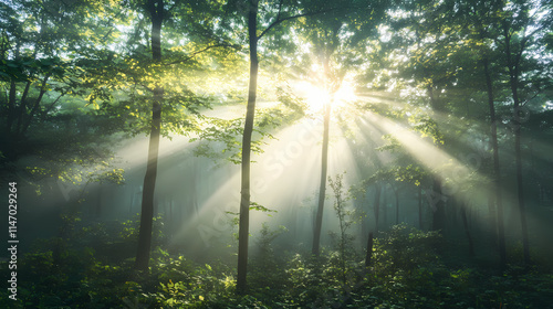 Emerald dawn: sunbeams pierce through the misty canopy of a primeval forest, bathing the lush undergrowth in an ethereal glow. Misty. Illustration