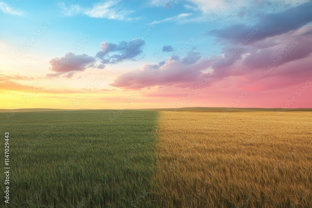Panoramic sunrise over a Dakota Wheat field with blue and Magenta sky green grass and golden wheat Panoramic sunrise over a Dakota Wheat field with blue and Magenta sky green grass and golden wheat