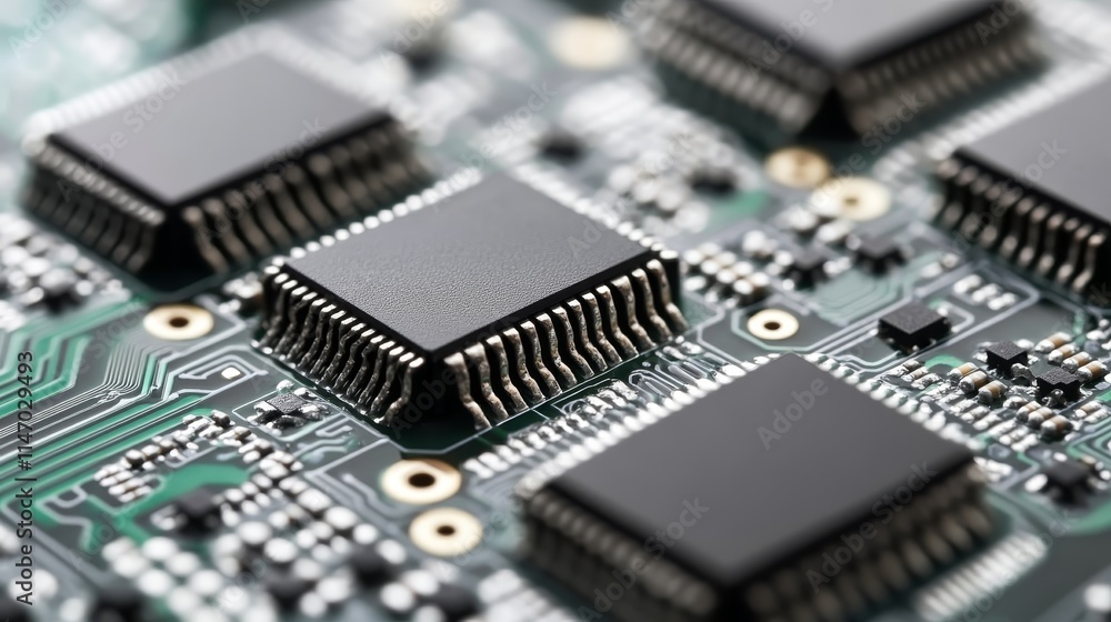 Close-up of a circuit board featuring multiple integrated circuits and connections. Close-up of a circuit board featuring multiple integrated circuits and connections.