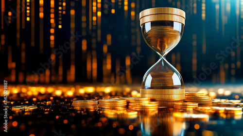 A symbolic image of an hourglass filled with gold coins surrounded by more coins, against a dark background with glowing golden lines, representing the value of time and money