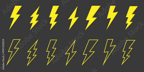 Set of yellow lightning bolt icons in filled and outline styles on dark background. Perfect for energy, electricity, thunderstorm, power or speed themes. Clean, bold and modern vector design.