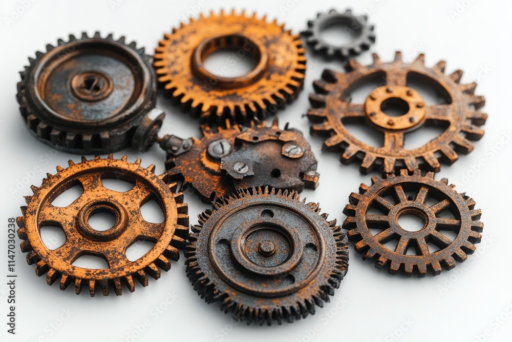 Various rusty gears arranged on a light surface showcasing intricate details of mechanical components in orange Various rusty gears arranged on a light surface showcasing intricate details of mechanical components in orange