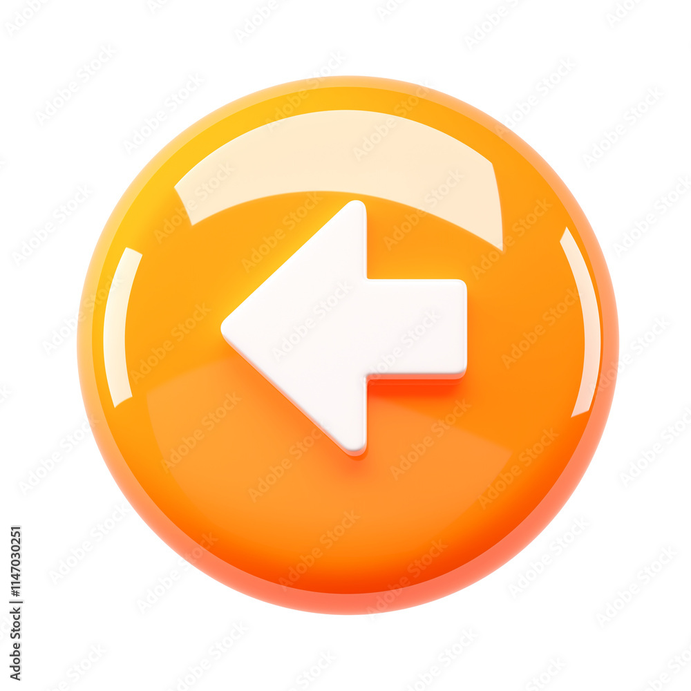 3D orange circular button with white left arrow symbol, isolated on transparency background, featuring glossy and reflective surface 3D orange circular button with white left arrow symbol, isolated on transparency background, featuring glossy and reflective surface