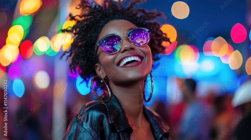 A fashionable woman enjoying herself on a dance floor at a music festival, multicolored lights reflecting off her accessories A fashionable woman enjoying herself on a dance floor at a music festival, multicolored lights reflecting off her accessories