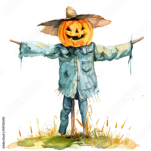 A watercolor vector painting of a scarecrow with a pumpkin head standing in a field, isolated on a white background. Scarecrow vector.

