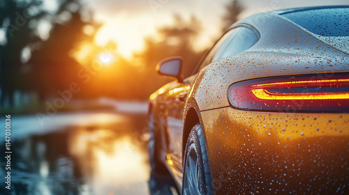 Sparkling Clean. A shiny car under sunlight with water droplets and foam. Car wash, clean, shiny photo