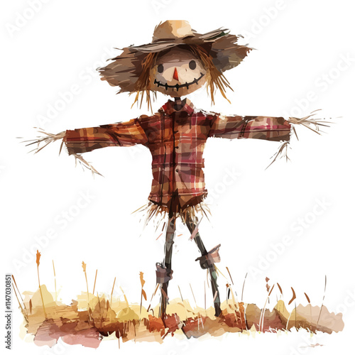 A watercolor vector painting of a scarecrow with a straw hat and plaid shirt standing, isolated on a white background. Scarecrow vector.

