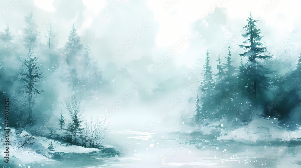 A serene winter background emerges through soft teal and white watercolor, showcasing gentle swirling textures and a misty atmosphere that captures the essence of the season. Misty. Illustration A serene winter background emerges through soft teal and white watercolor, showcasing gentle swirling textures and a misty atmosphere that captures the essence of the season. Misty. Illustration