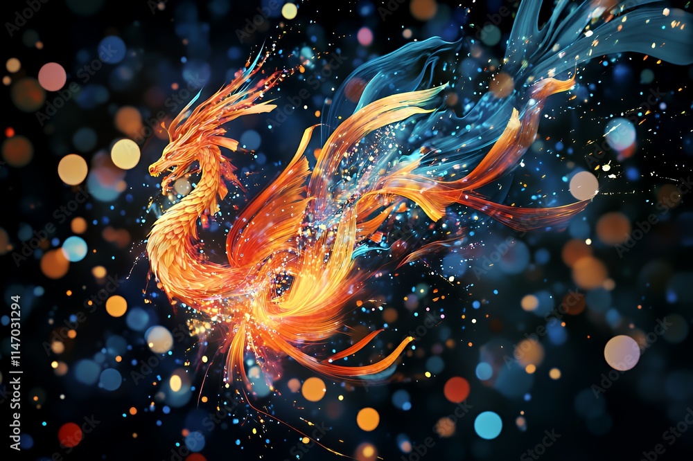 Fiery Dragon Soaring Through Sparkling Night Sky Fiery Dragon Soaring Through Sparkling Night Sky