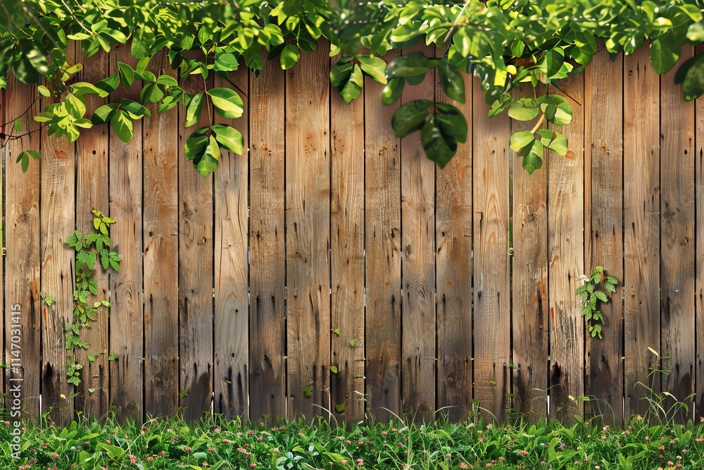 A rustic wooden fence adorned with green foliage and grass, creating a serene and natural outdoor scene. A rustic wooden fence adorned with green foliage and grass, creating a serene and natural outdoor scene.