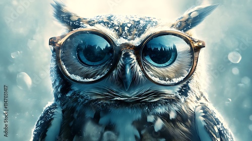 Wise Owl Wearing Glasses in a Charming and Whimsical Style photo