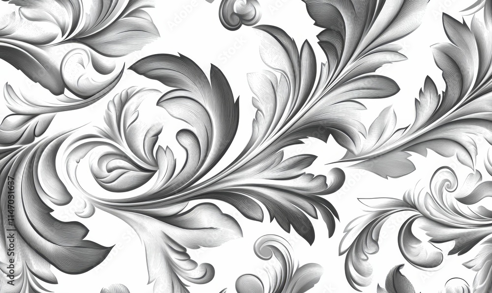 Fototapeta premium Ornate grayscale floral pattern, textured leaves, swirls.
