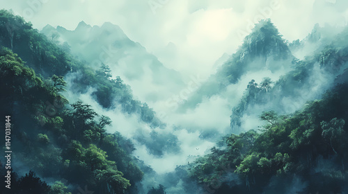 Beautiful watercolor painting of a misty mountain landscape with lush green trees, creating a serene and tranquil atmosphere. Misty. Illustration