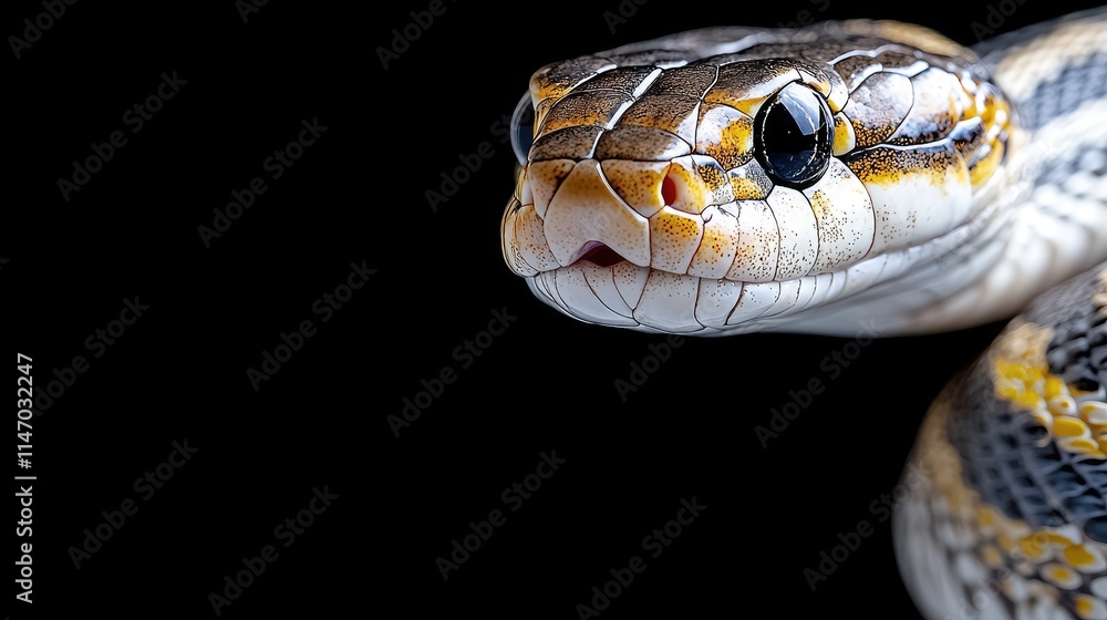 Close-up of a snake's head against a black background. Close-up of a snake's head against a black background.