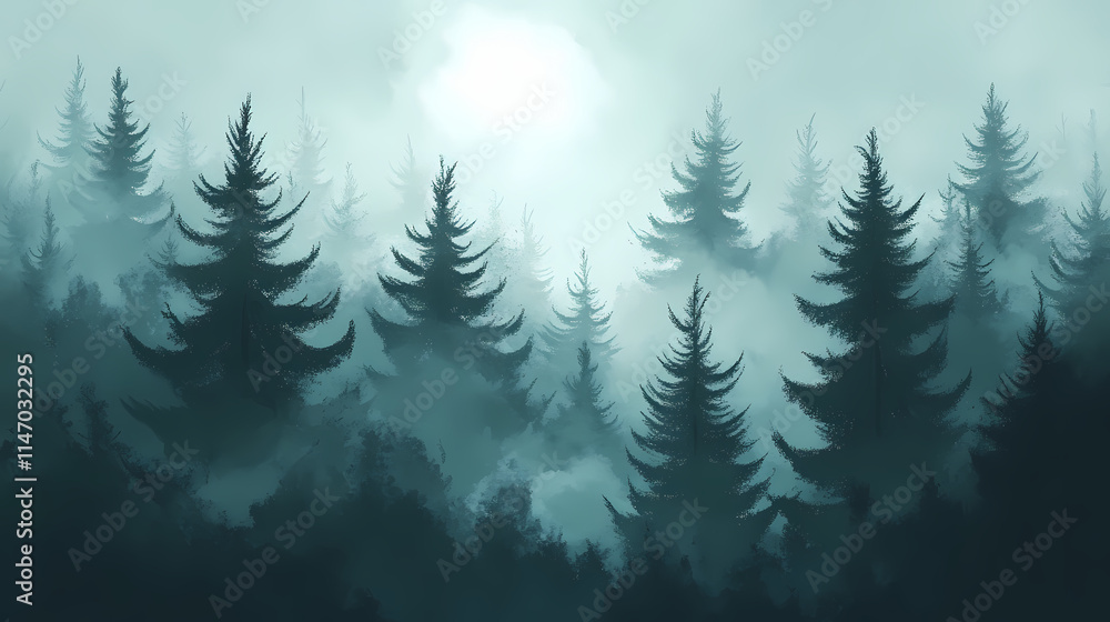 Fototapeta premium Dark green forest with tall trees and misty atmosphere, tree, green, fog. Misty. Illustration