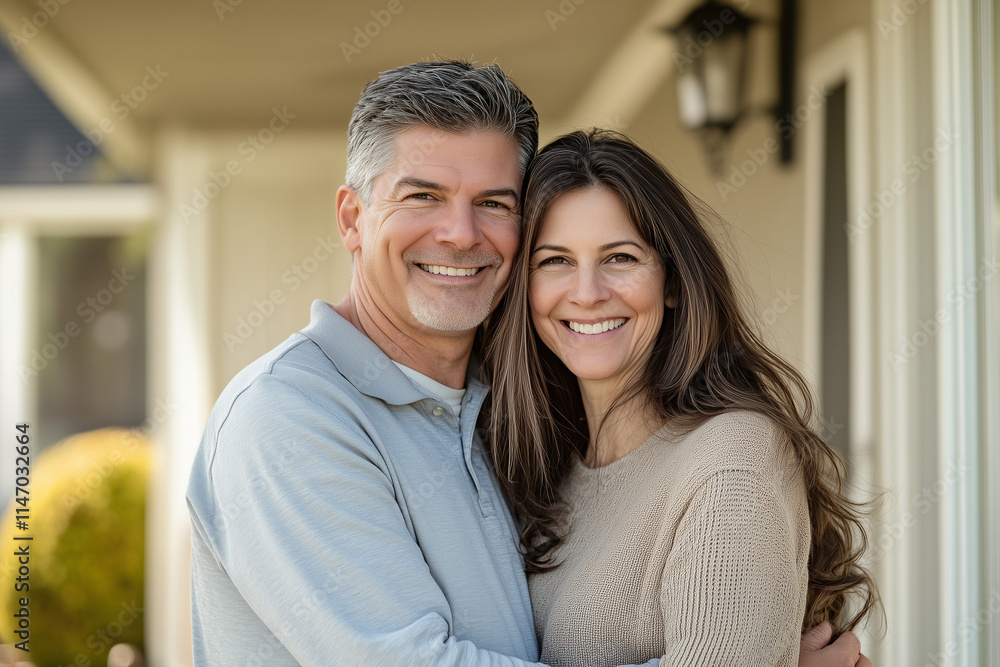 A happy middle-aged couple embracing each other and smiling at the camera, standing in front of their house. The man is wearing light blue with gray sleeves, and his wife has long brown hair A happy middle-aged couple embracing each other and smiling at the camera, standing in front of their house. The man is wearing light blue with gray sleeves, and his wife has long brown hair