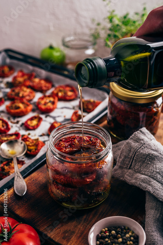 Tomato Preserves with Thyme and Garlic in Olive Oil in a Glass Jar