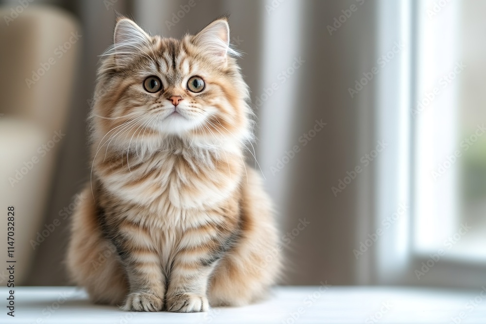 Fluffy cat sitting gracefully near window, showcasing its curiou Fluffy cat sitting gracefully near window, showcasing its curiou
