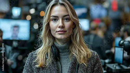 Wallpaper Mural A young woman with a focused expression stands ready for an event, wearing headphones and surrounded by cameras and monitors in a busy environment Torontodigital.ca