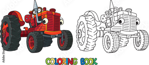 Funny small retro tractor with eyes. Coloring book