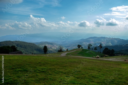 Scenic Mountain View with Rolling Green Hills and Grazing Sheep Under a Blue Sky