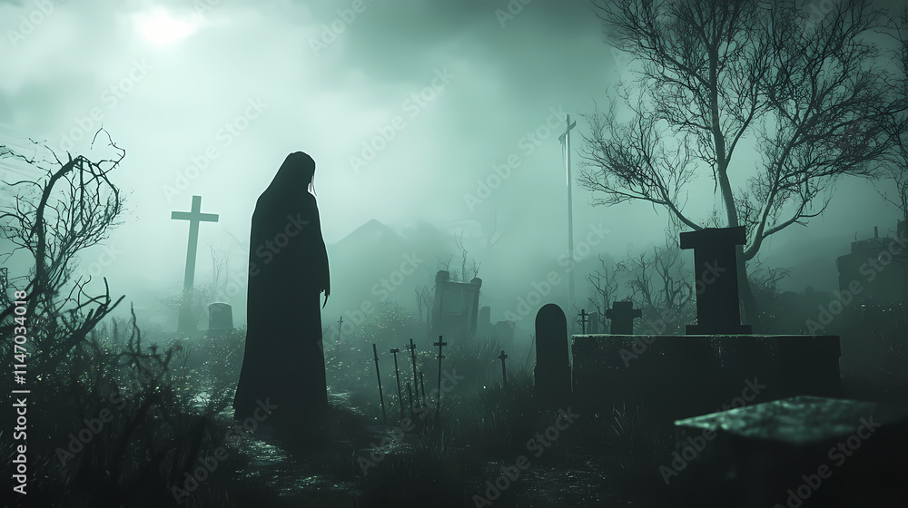 A grim reaper figure cloaked in darkness stands alone amid misty graveyard scenery, creating an atmosphere rife with foreboding dread. Misty. Illustration A grim reaper figure cloaked in darkness stands alone amid misty graveyard scenery, creating an atmosphere rife with foreboding dread. Misty. Illustration