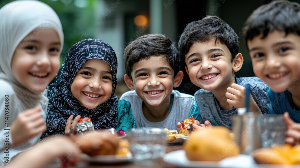 A festive Eid al-Fitr celebration in a family home, with children receiving gifts and elders sharing hugs and blessings A festive Eid al-Fitr celebration in a family home, with children receiving gifts and elders sharing hugs and blessings