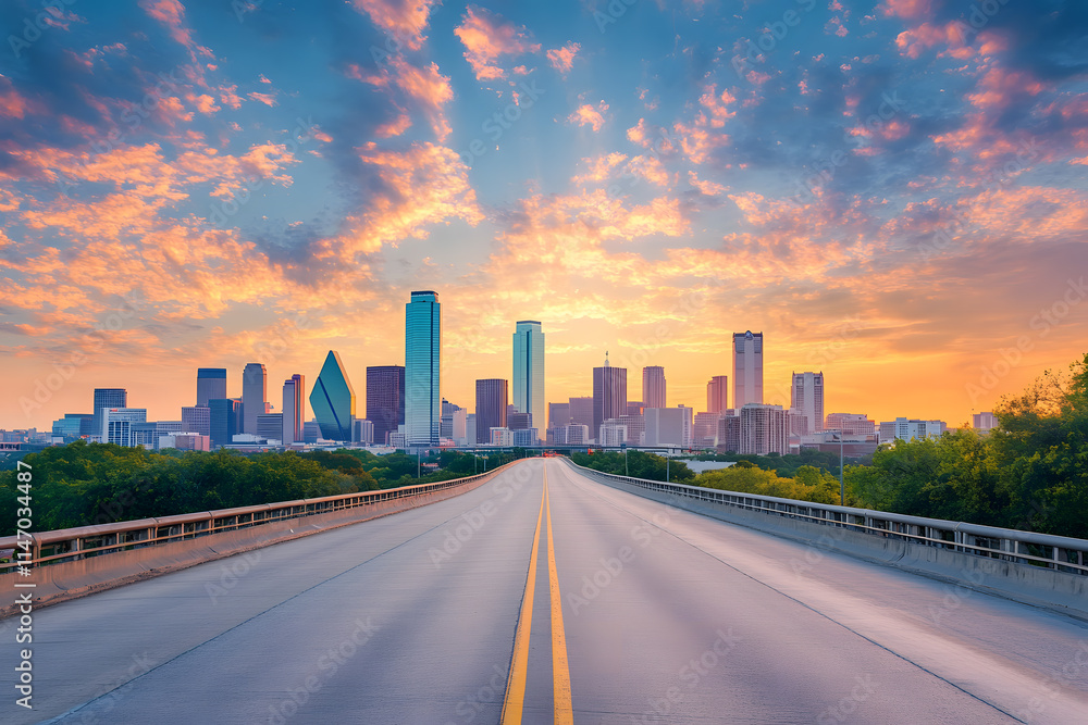 Fototapeta premium Road Leading to a Modern City Skyline at Sunset