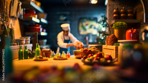 Toy figure of a professional chef in the cooking process of preparing food in a restaurant kitchen. Vegetables, spices and herbs on the table Culinary photo