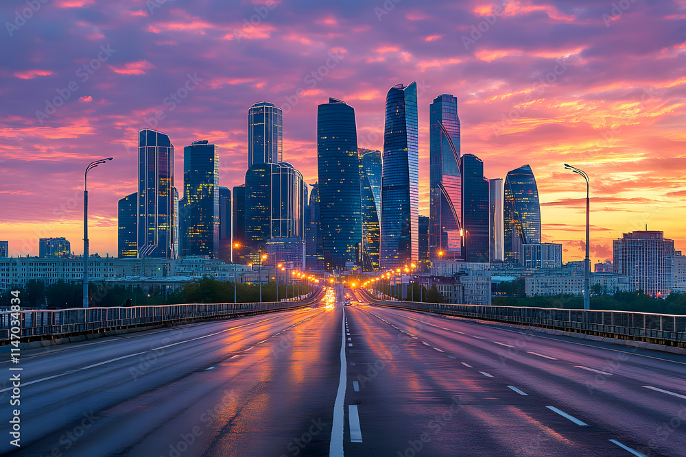 Obraz premium Road Leading to a Modern City Skyline at Sunset
