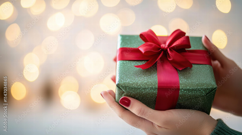 Hands Offering a Green Christmas Present with Red Bow Against Soft Bokeh Hands Offering a Green Christmas Present with Red Bow Against Soft Bokeh