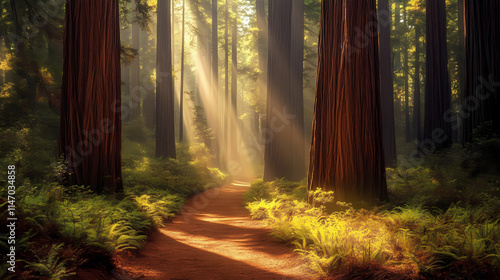 A narrow, misty path leads through a dense thicket of redwoods, sunlight filtering through the canopy above , redwoods, shadows, sunlight. thicket. illustration. Misty. Illustration photo