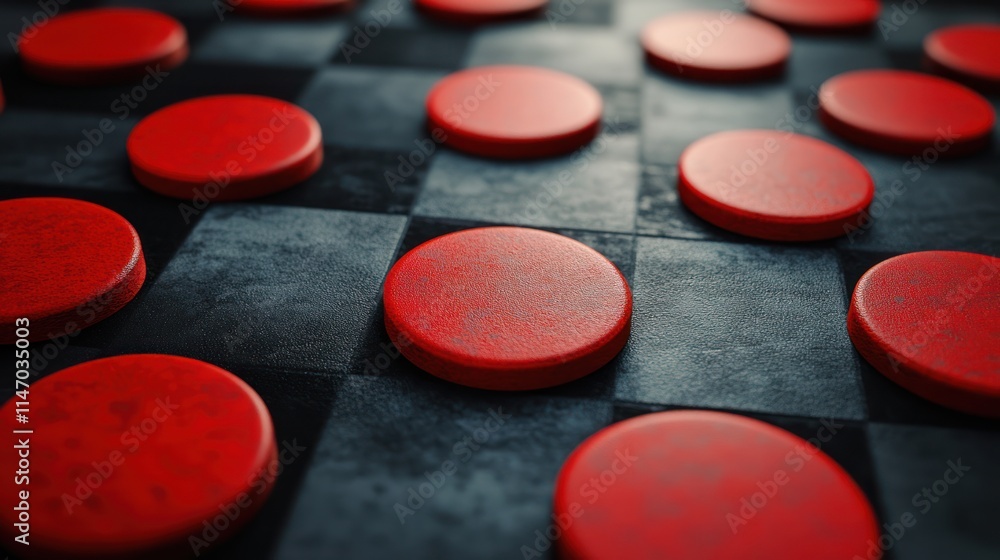 Red checkers on a dark checkered board. Red checkers on a dark checkered board.
