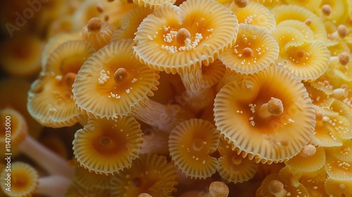 Close-up Macro Image of a Sulfur Cap Mushroom, Showcasing Its Vibrant Yellow Cap and Intricate Texture for Nature and Fungi Enthusiasts photo