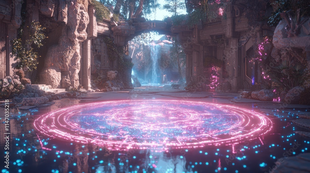 Mystical glowing circle in fantasy landscape. Mystical glowing circle in fantasy landscape.