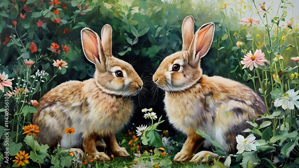 Obraz premium Two Rabbits in a Garden