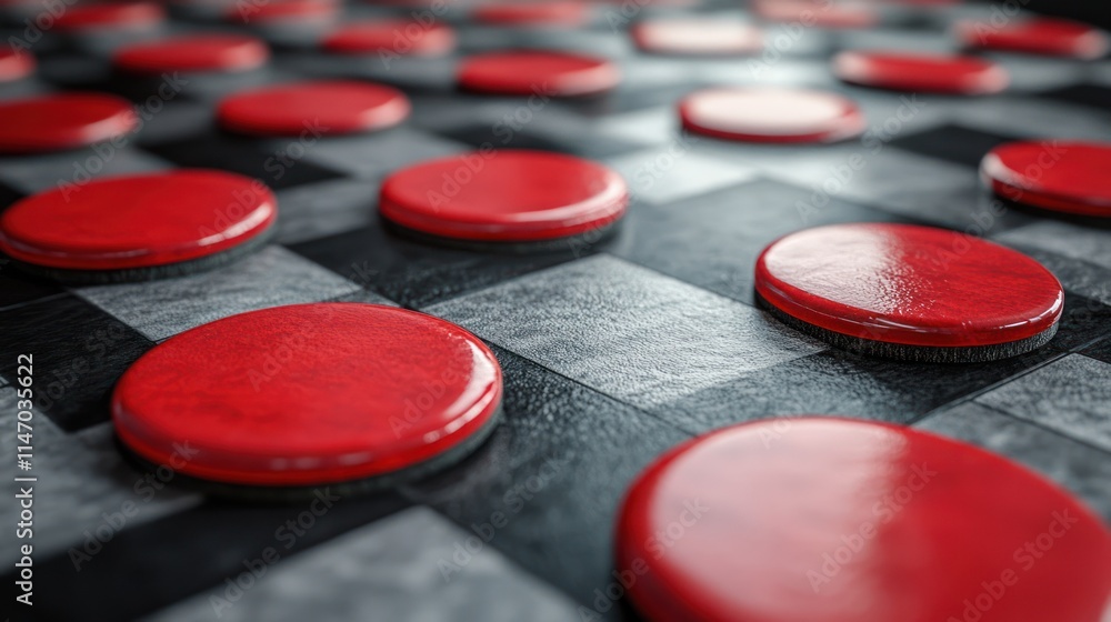 Red game pieces on a checkered board. Red game pieces on a checkered board.