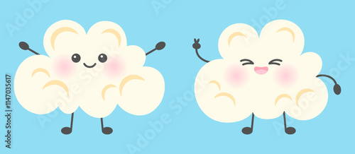 Cute popcorn characters with eyes and smile and different emotions. National Popcorn Day or food theme. January 19. Vector illustration in flat style.