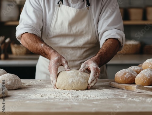 Artisan baker kneading fresh bread dough in a rustic kitchen setting photo