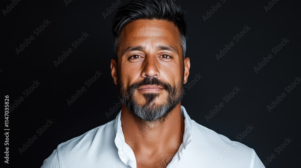 Confident middle-aged man with salt-and-pepper beard in white shirt against dark background Confident middle-aged man with salt-and-pepper beard in white shirt against dark background