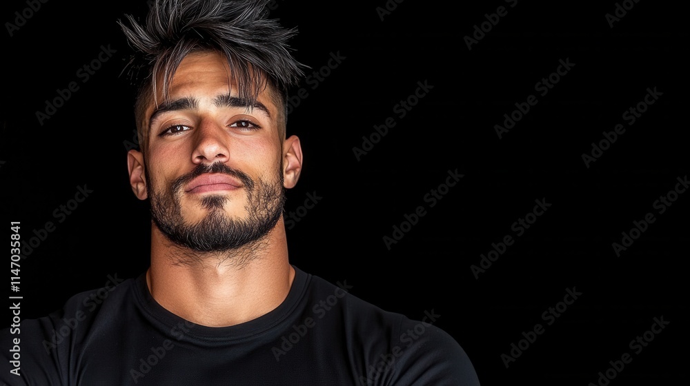 Obraz premium Confident young man with stylish hair and beard against black background