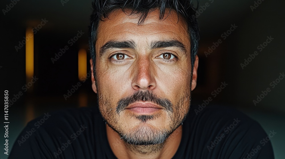 Intense close-up portrait of a man with deep eyes and rugged facial hair Intense close-up portrait of a man with deep eyes and rugged facial hair