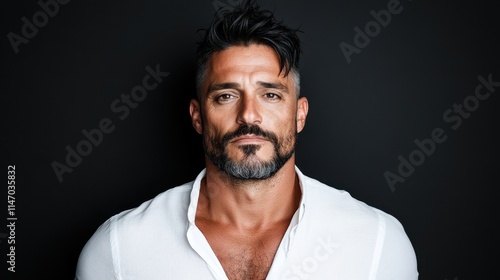 Confident man with beard in white shirt posing against dark background